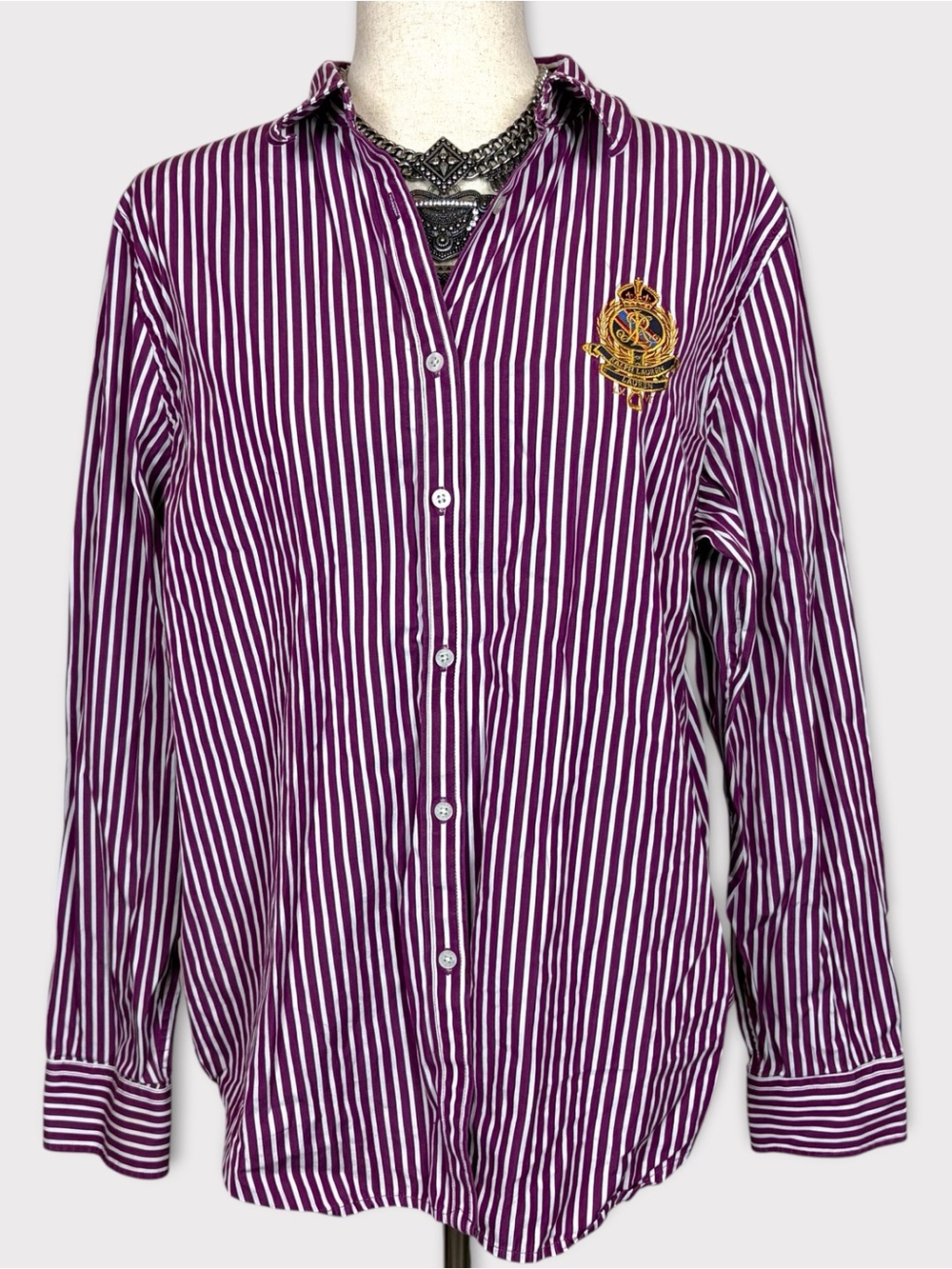 Lauren Ralph Lauren Striped Embroidered Crest Button Up Shirt XL Academia Preppy